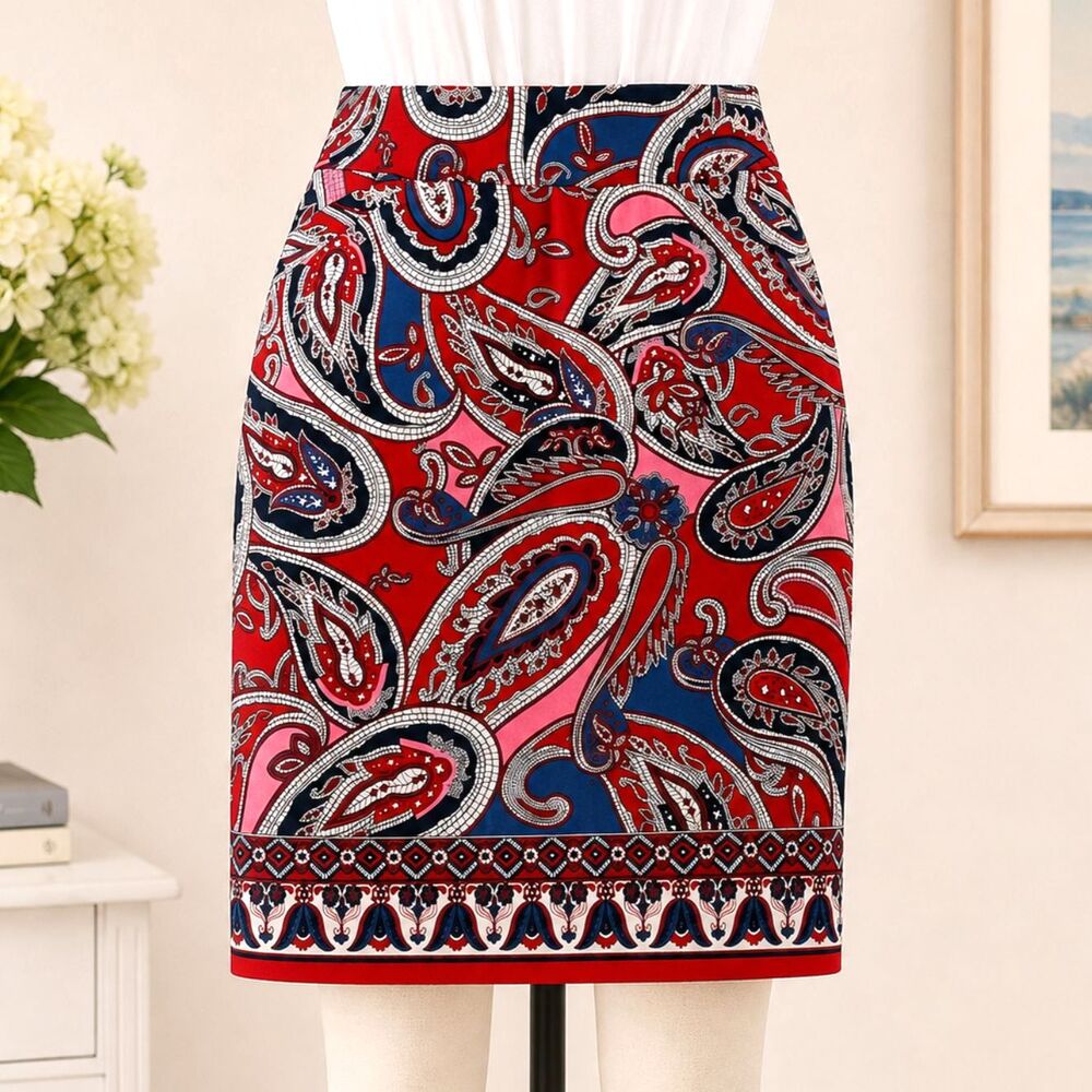 Charter Club Red Blue Paisley Print Skirt Size 12 Cotton Spandex Pockets